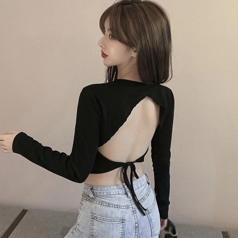 Sexy Back Bow Backless Shirt For Women Solid O-Neck  Casual Long Sleeve T-Shirt Tops