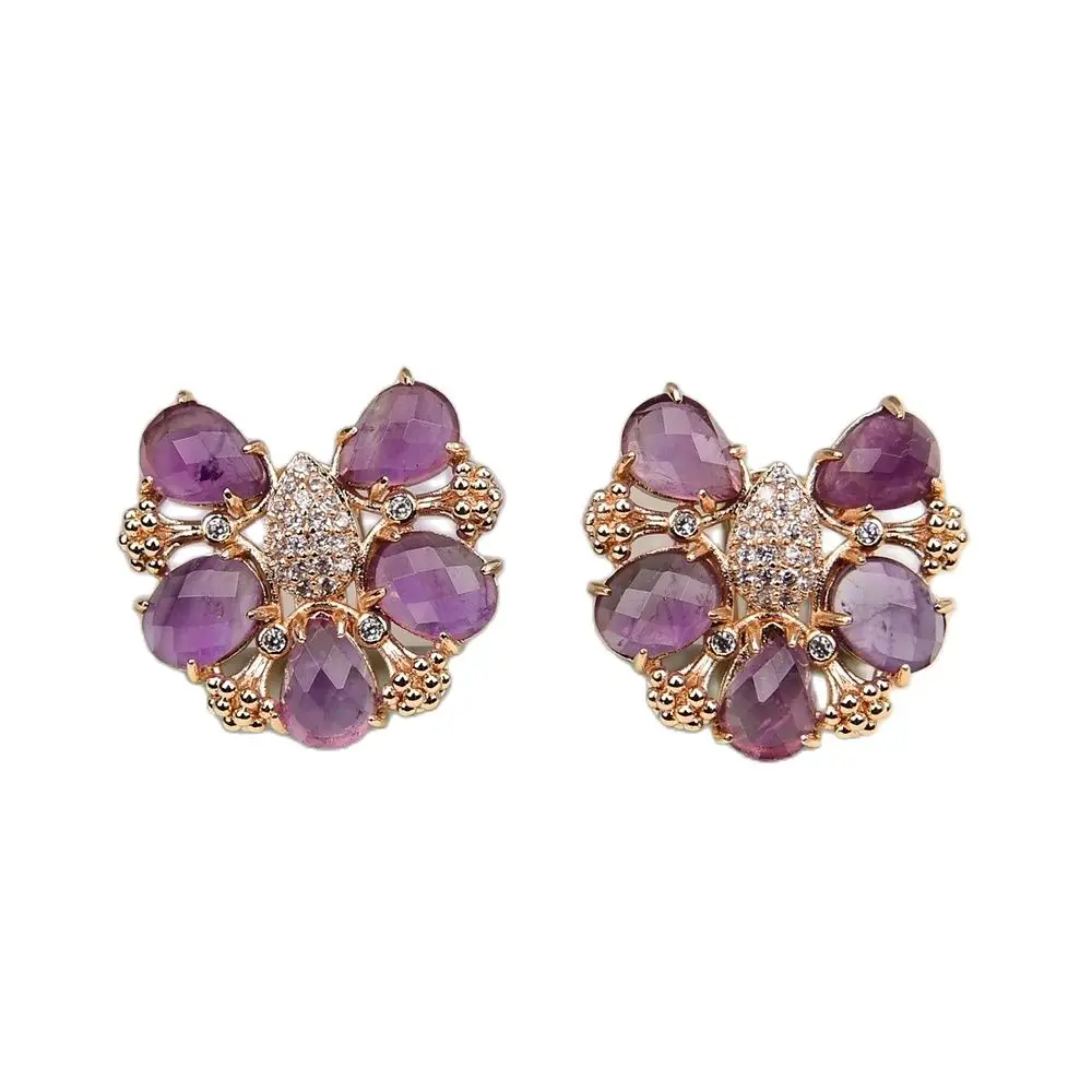 Gg Natural Purple Amethsyt Quartz Sfaccettato Stone Zircone Pavimentato Insetto Placcato Oro Orecchini A Bottone Stile Omega Lady Party Gifts