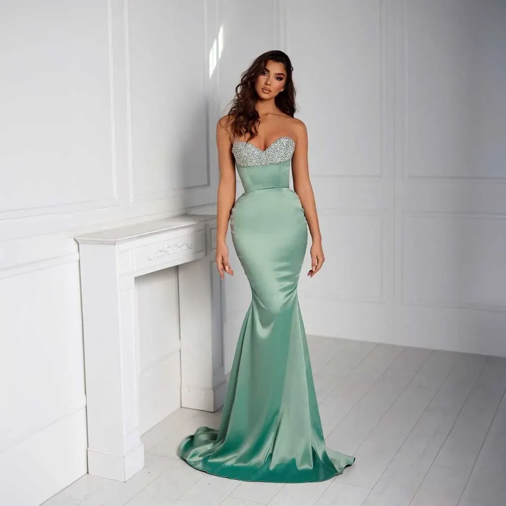 Vintage Beads Crystal Mermaid Prom Dresses Sweetheart Satin Evening Gown Sweep Train Vestidos De Noche Custom Made