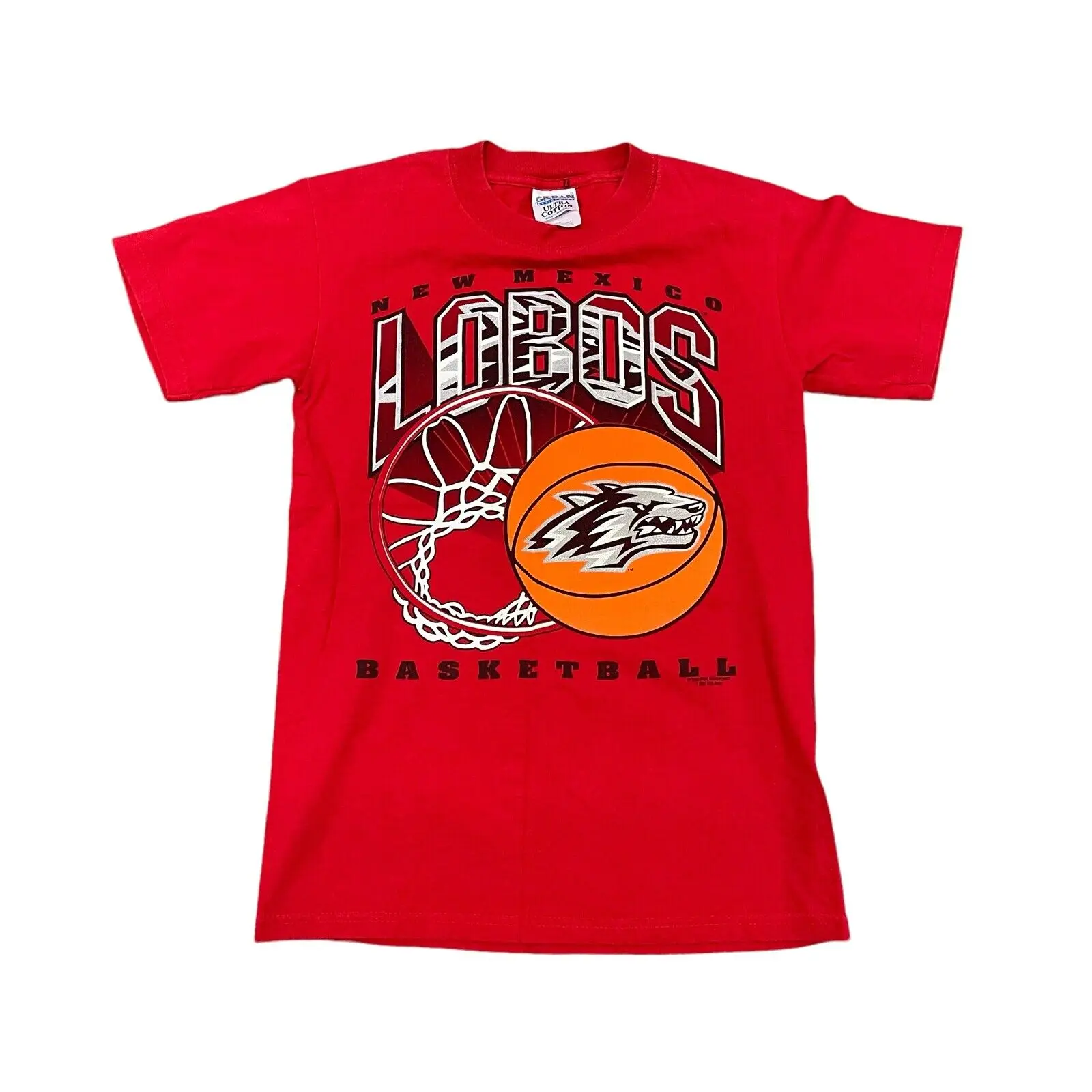 Vintage Anni '90 New Mexico Lobos Basket T Shirt Mens Logo College Retro Rosso Maniche Lunghe O Corte
