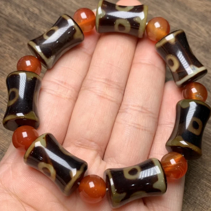 Boutique Glossy Agate Three-Eye Bamboo Festival High Sky Beads Bracciale Barrel Beads Bracciale In Agata Antica In Stile Tibetano