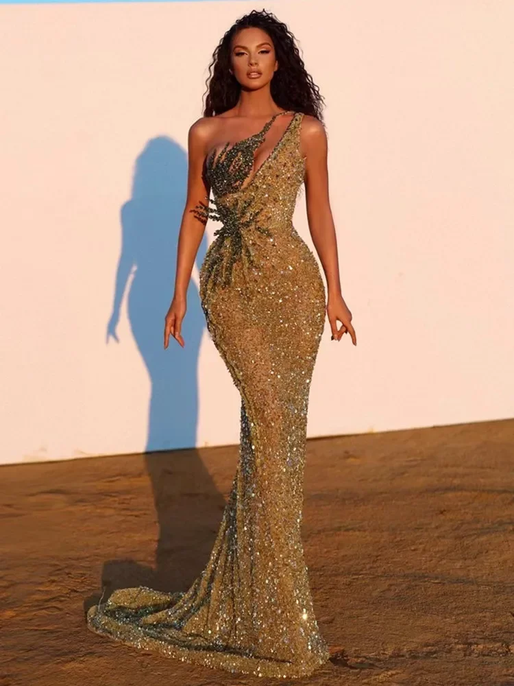 Abito Pronto Donna Luxury Gold Paillettes Gilliter Sparky Green Leaf Ricamo Slim Maxi Long Birthday Celebrity Abiti Da Sera