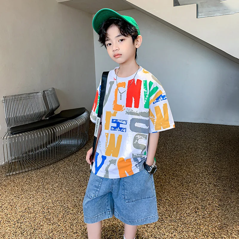Summer Children Clothing Set Boys Short Sleeve T-Shirt + Shorts 2Pcs Teens Kids Casual Letter Print Tracksuit 6 8 10 12 14 Years