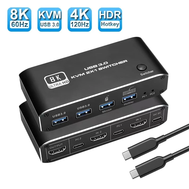 8K 60Hz Kvm Switch Hdmi 2 Porte Hdmi Kvm Switch Usb 3.0 Pc Computer Kvm Switch Tastiera Mouse Switcher Box Per Laptop Ps4 Xbox