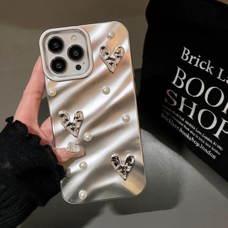 Custodia Per Telefono Ondulata Ins Silk Pattern Love Heart Pearl Per Iphone 15 14 13 12 11 Pro Max X Xr Xs 7 8 Plus Se 3 Cover Morbida Antiurto