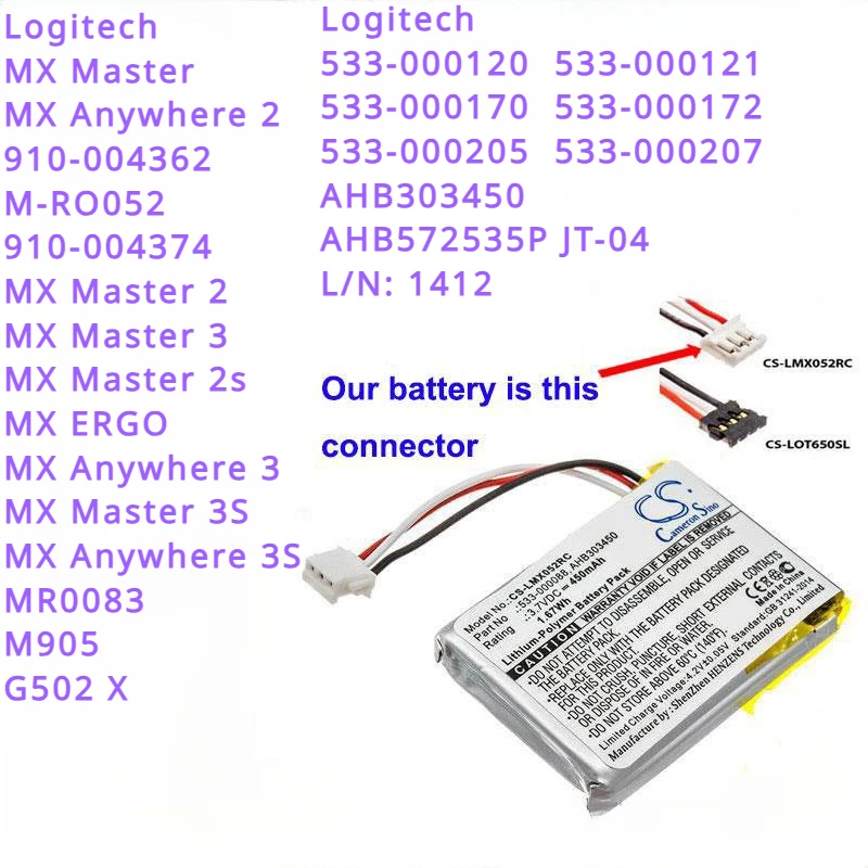 Batteria Mouse 450Mah Per Logitech M-Ro052, Mx Anywhere 2, Mx Master 2, 2S, 3,Mx Anywhere 3