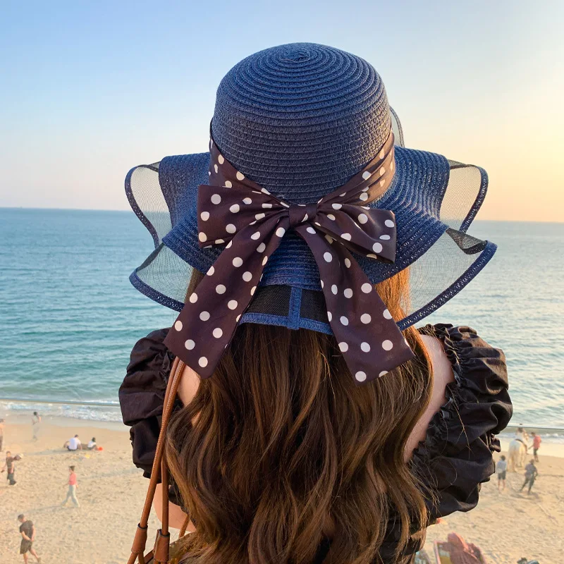 Vintage Classic Fashion Wavy Brim Polka Dot Bow Big Birm Protezione Solare Sombrero Cowboy Beach Cap Travel Panama Cappello Di Paglia Per Le Donne