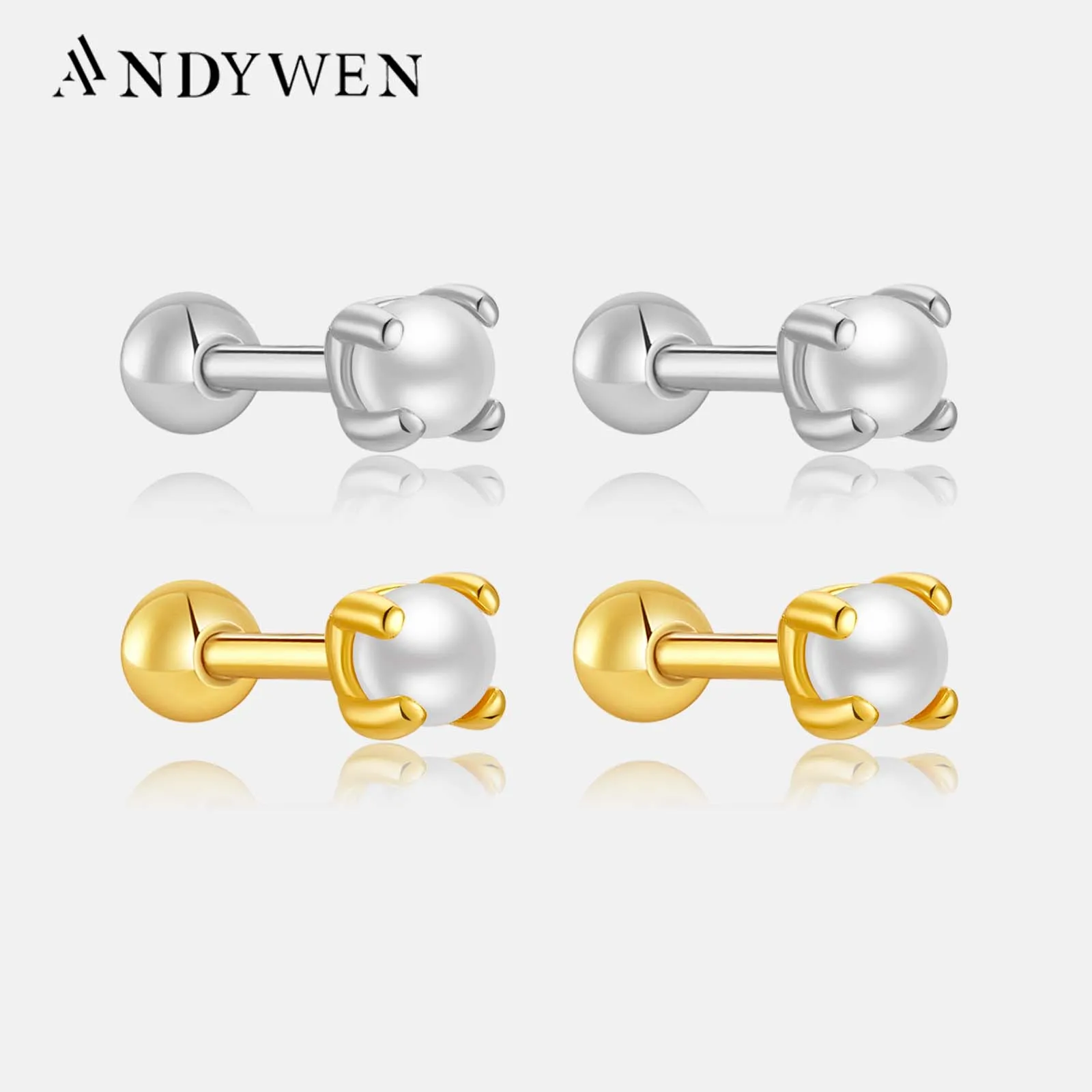 Andywen 925 Sterling Silver Gold Pearl Ball Clasp Stud Earring Wholesale Women Luxury Fine Jewelry 2024 Spring Jewels