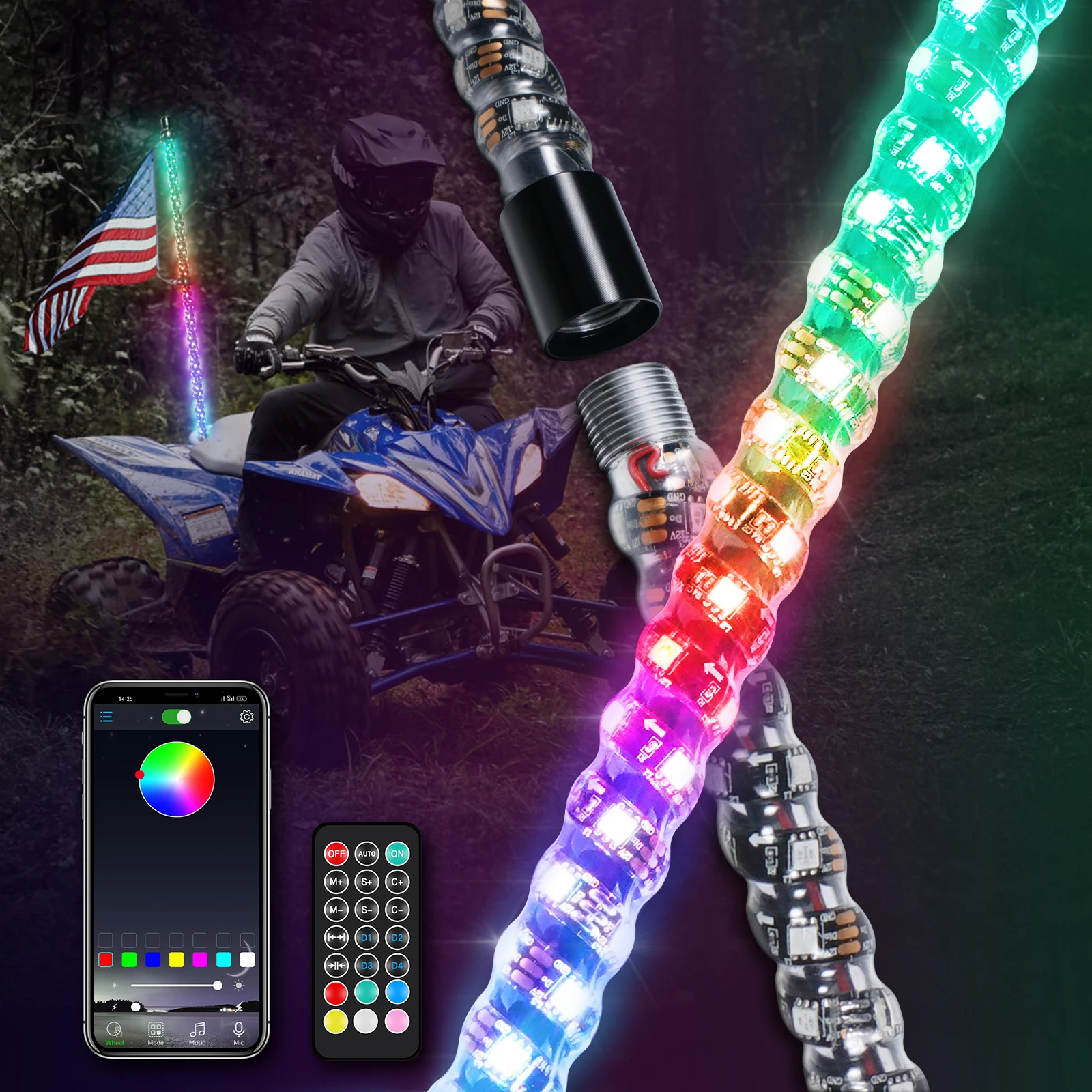 Bevinsee 3Ft Led Whip Lights Multi-Color App Telecomando Ambient Decor Led Pennone Antenna Whip Light Per Can-Am Maverick X3