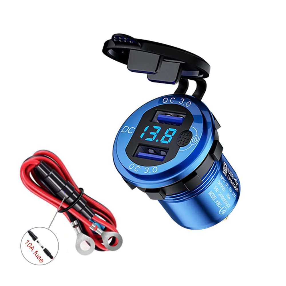 Car Dual Usb Charger Qc3.0 Aluminum Alloy Waterproof Socket Voltage Led Display For Truck Boat 12V 24V
