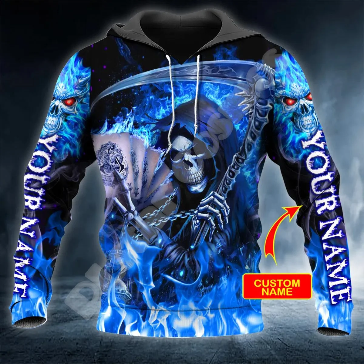 Newfashion Custom Name Skull Grim Reaper Ghost Tattoo Retro Tuta Harajuku 3Dprint Streetwear Casual Funny Jacket Felpe Con Cappuccio X7