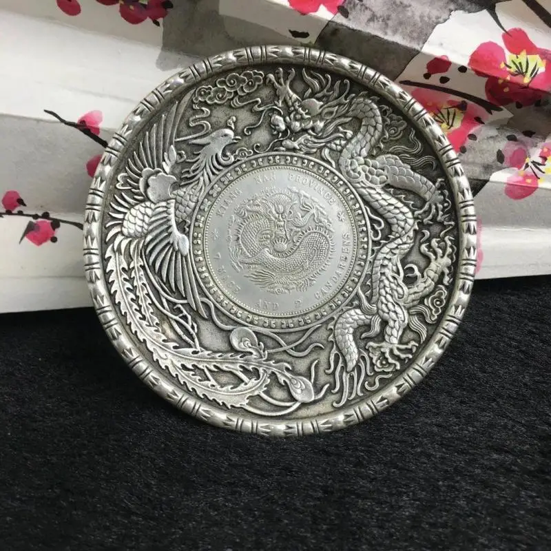 Cinese Old Miao Silver Carving Longfeng Writing-Brush Washer Plate