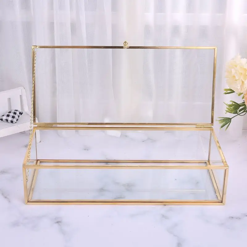 K5Dc Golden Vintage Glass Lidded Box Edge Bracciale Keepsake Espositore Decorativo Per Gioielli Personalizzato Grande Scatola Rettangolare Trasparente
