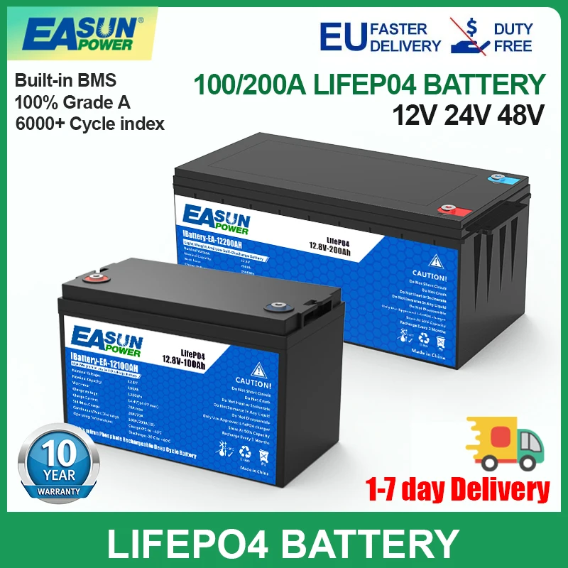 Easun Power 12V/24V 100/200Ah Lifepo4 Battery Pack Grado A + Parallelo E Personalizzabile + 2000 Cycle Life Polonia Stock Per La Casa