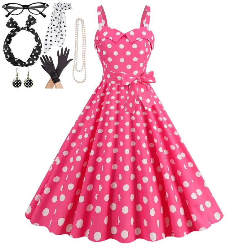 7 Pz/Set Ladies Barbie Pink Rockabilly Flare Dress Polka Dot Swing Dress 1950S 50S Audrey Hepburn Abiti Da Festa Vintage Retrò