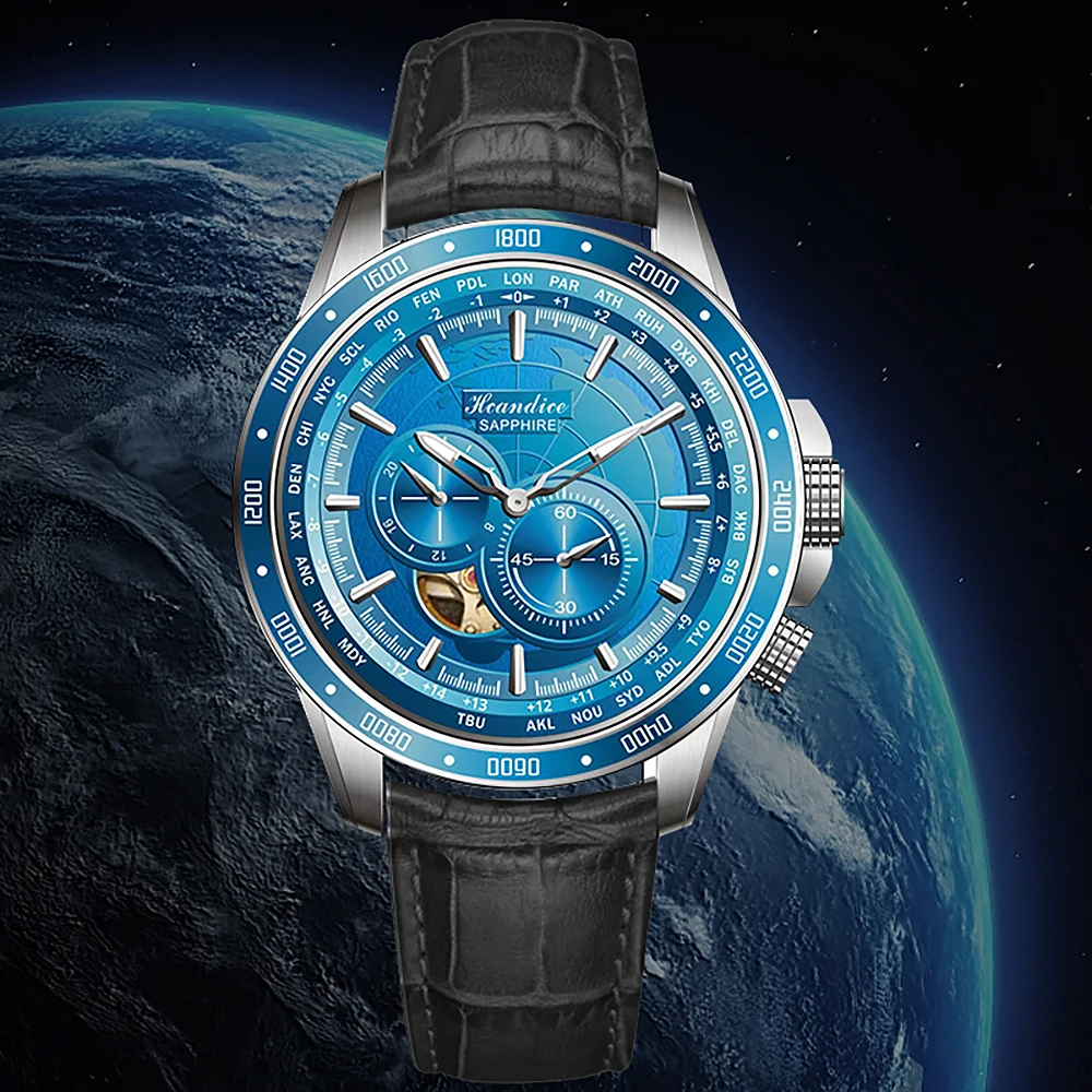 5Bar Gmt Orologio Da Polso Meccanico Automatico Mappa Del Mondo Rilievo 3D Quadrante Grande Data Automatica Orologio In Acciaio Inossidabile Orologi L
