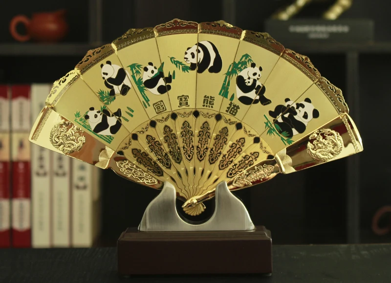 Top Cool Regalo Aziendale Estero Con Scatola China National Treasure Panda Art Gilding Fan Statua In Rame-Edizione Collector -- Buono