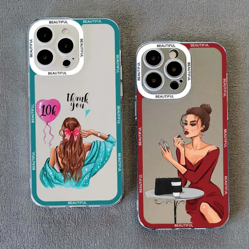 Clear Beauty Makeup City Girl Pattern Case Per Iphone 14 X Xr Xs 15 13 12 11 Pro Max Drawn Girl Cover Per Iphone 7 8 Plus Se2