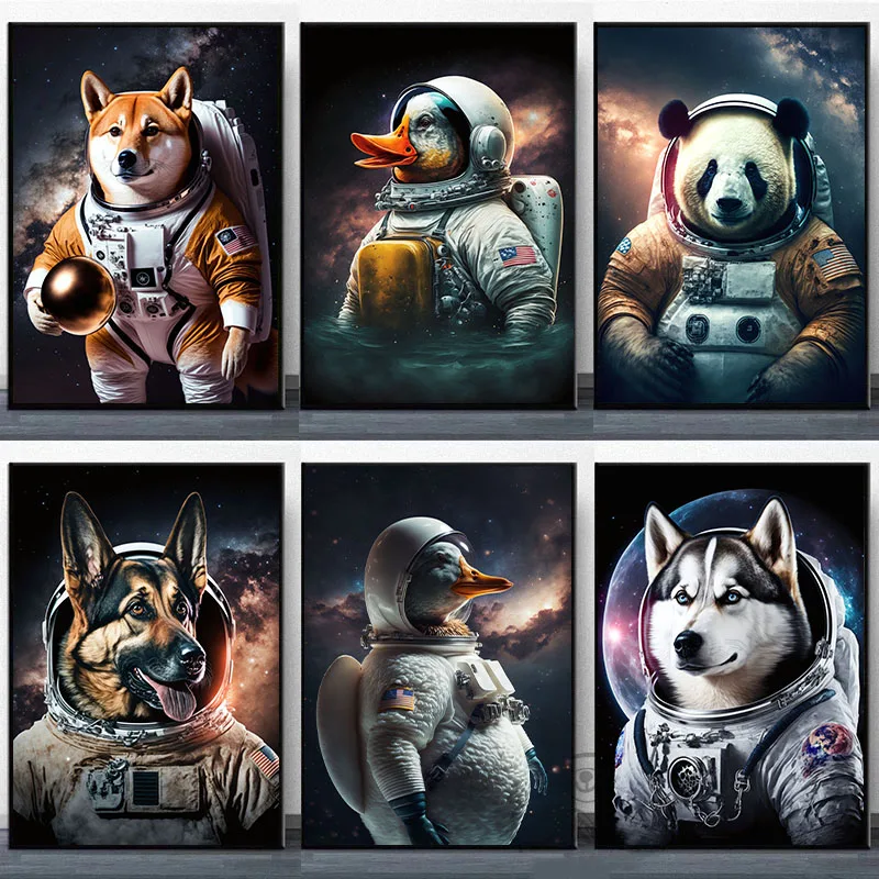 Funny Space Pets Astronaut Poster Canvas Painting Cute Animal Dog Duck Wall Art Picture For Living Room Home Decoration Cuadros