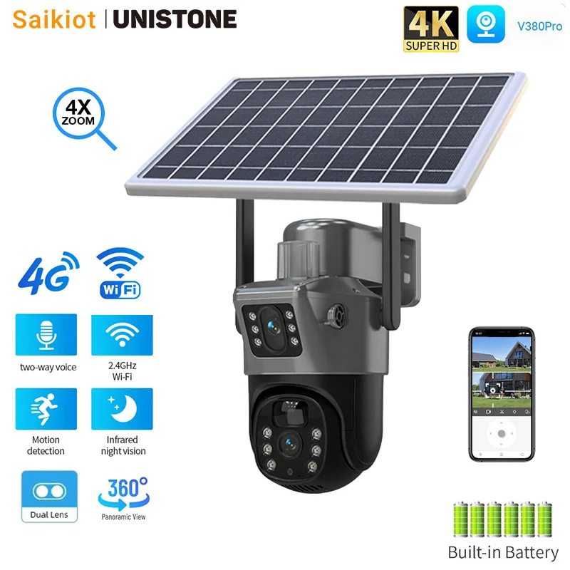 Saikiot V380 Pro 4G Wifi Wireless Solar Power Camera 4K 8Mp Dual Lens Solar Ptz Camera Outdoor Waterproof V380 Wifi Solar Camera