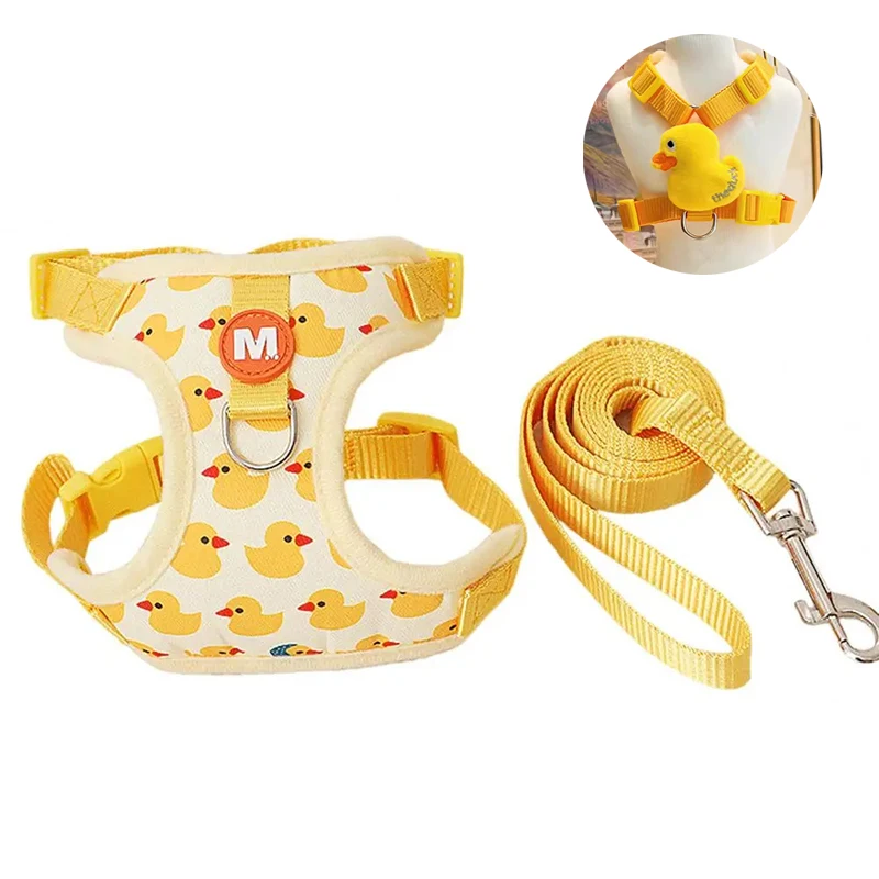 Pet Harness Vest Con Guinzaglio Cartoon Yellow Duck Step-In Chest Strap Fibbia Regolabile Cane Di Piccola Taglia Walking Lead Puppy Cat Harness
