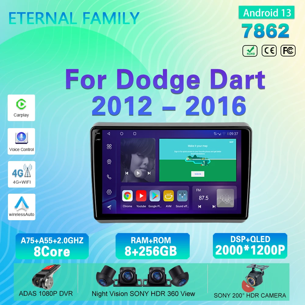 Sistema Android13 Per Dodge Dart 2012 - 2016 Autoradio Lettore Video Multimediale Navigazione Gps Android No 2Din Dvd 4G Wifi Carplay