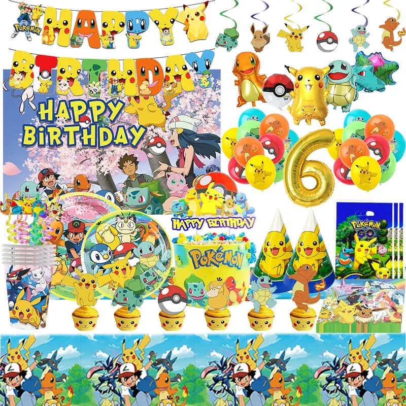 Pokemon Tema Festa Di Compleanno Decorazione Forniture Cartoon Pokemon Go Stoviglie Tazze Piatti Pikachu Palloncino Per Baby Shower Favori