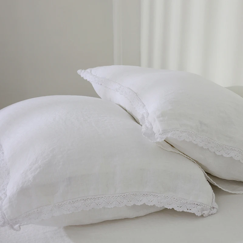 100% Lino Bianco Cuscino Shams Federe In Pizzo Shabby Chic Farmhouse & Victorian Country French Pretty Princess Bed Pillow Cover