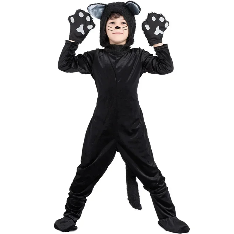 Bambini Bambino Furry Animal Black Cat Costume Kitty Cosplay Outfit Per Ragazzi Ragazze Purim Halloween Party Fantasia Dress Up