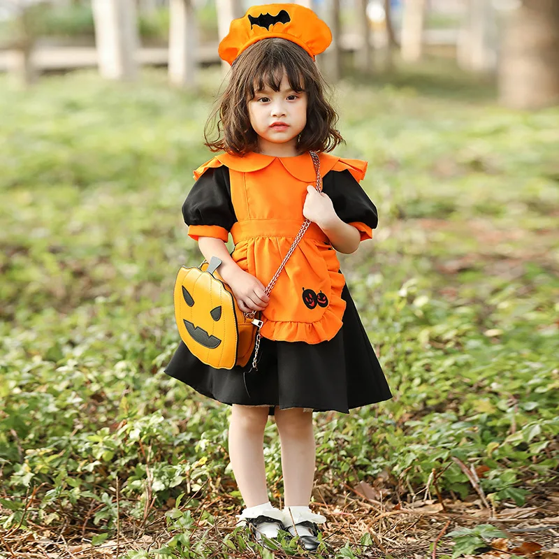 Kids Child Pumpkin Bat Vampire Maid Costume Cosplay Purim Halloween Costumes For Girls Fantasia Party Dress