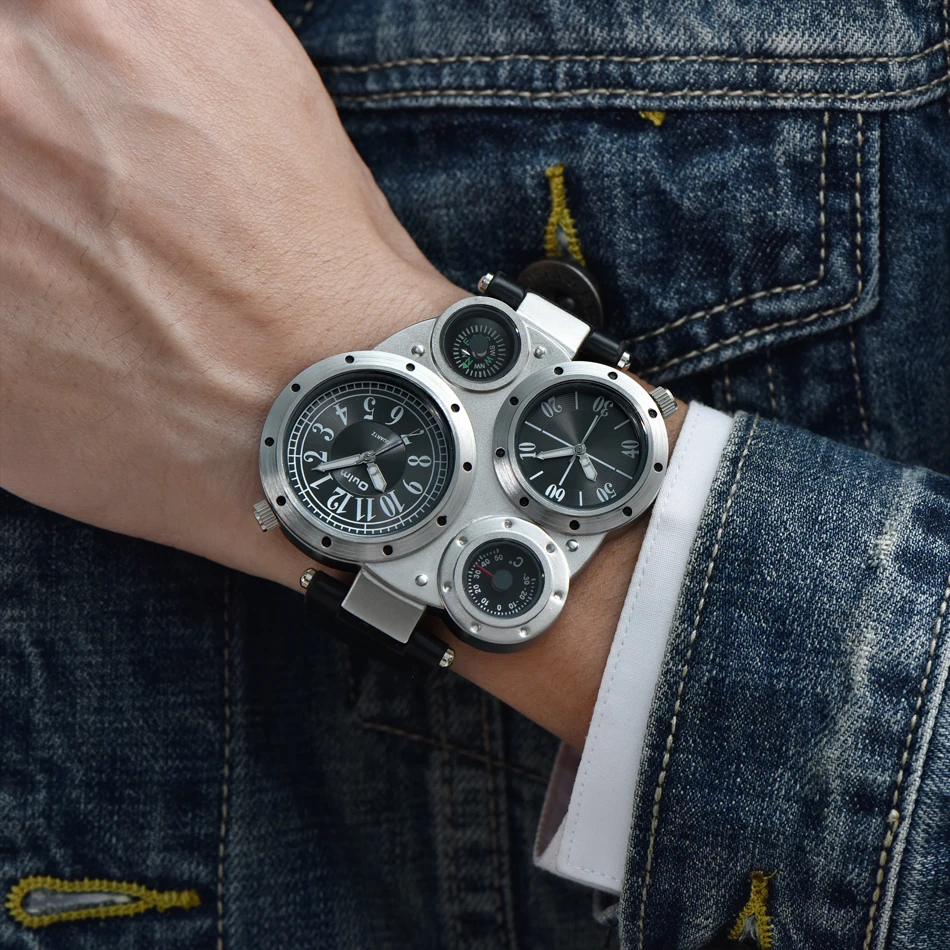 Brand Oulm Sports Style Big Face Orologi Uomo Dual Time Zone Pu Leather Orologio Al Quarzo Bussola Decorazione Relogio Masculino