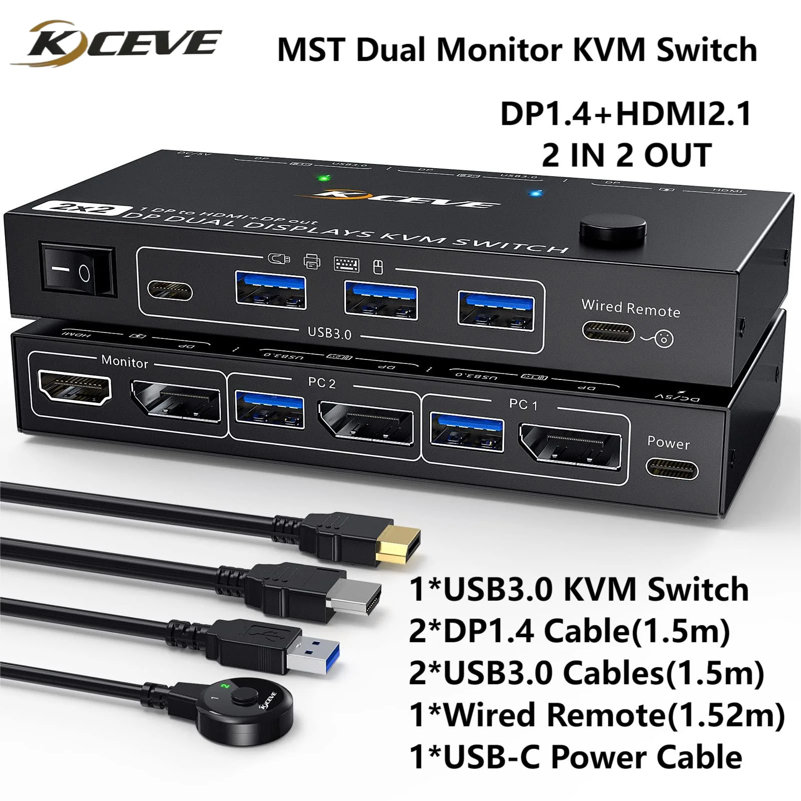 Switch Kvm Per Displayport Mst 2 Monitor 2 Computer 4K @ 144Hz,1 Dp In, Uscita Dp + Hdmi, Switch Kvm A Doppio Monitor Dp 1.4 Con 4 Porte Usb3.0