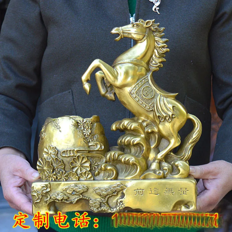 30Cm Large # Home Office Company Feng Shui Business Gift Money Drawing Good Luck Success Horse Mascot Brass Sculpture Penholder