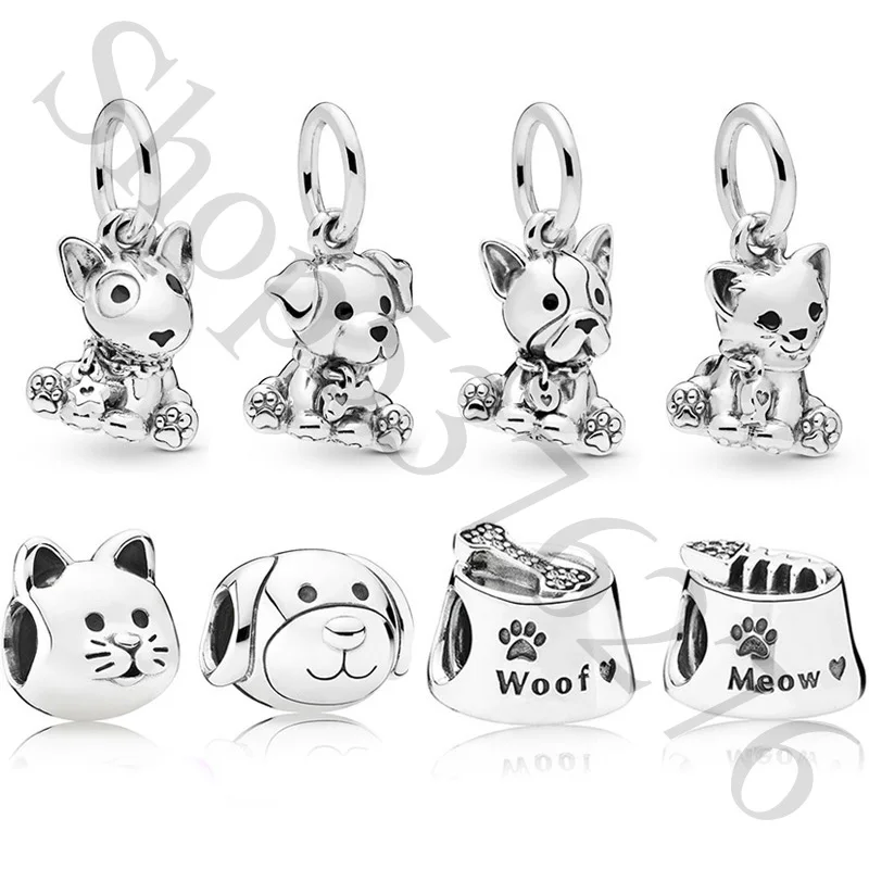 925 Sterling Silver Bead Bulldog Labrador Puppy Dog Kitty Cat Woof Meow Ciondola Charm Fit Pandora Bracciale Donna Regalo Gioielli Fai Da Te