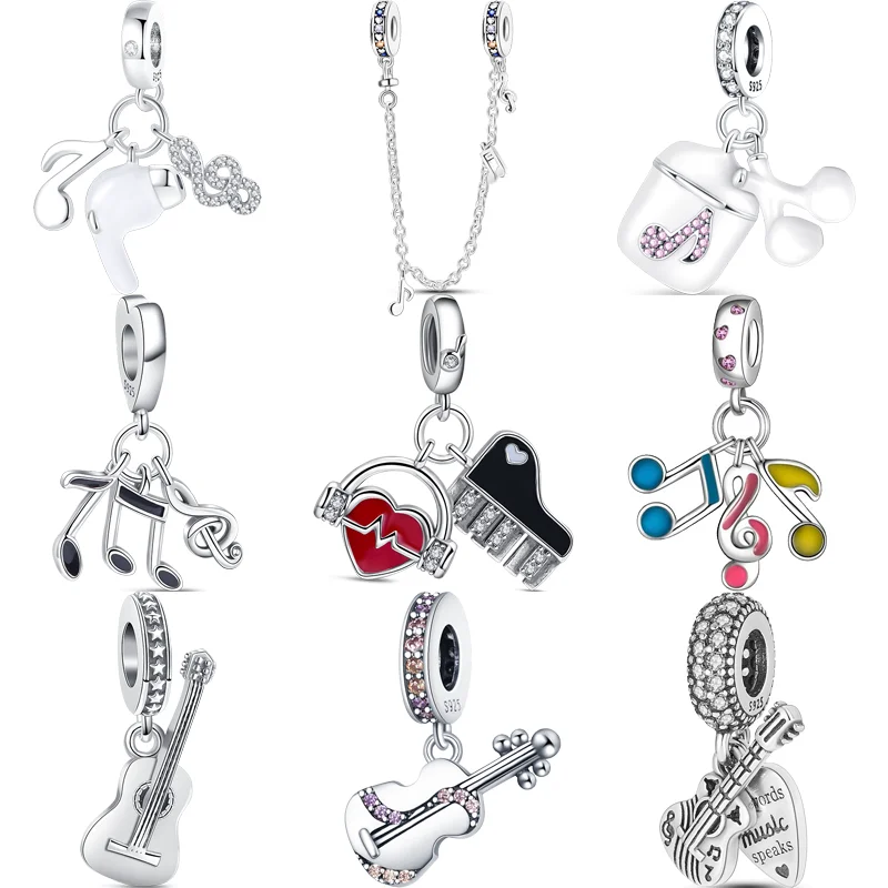 925 Sterling Silver Guitar Piano Love Music Notes Auricolare Ciondolo Catena Di Sicurezza Perline Fit Pandora Original Charm Bracciale Jewelry