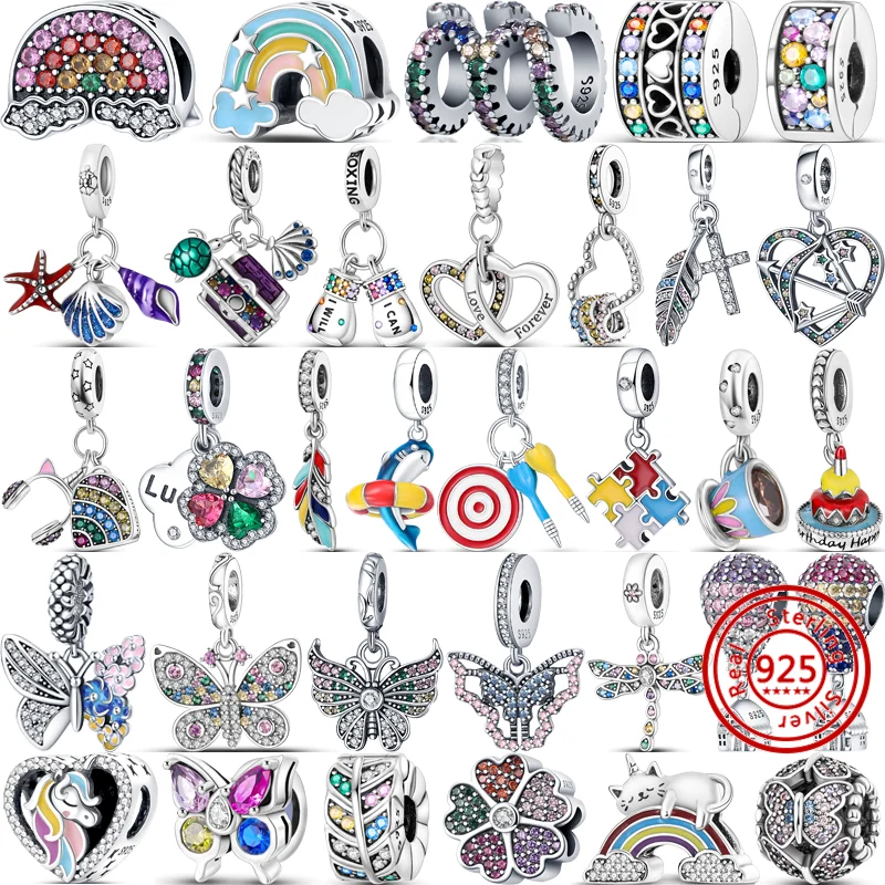 925 Sterling Silver Sparkling Stars Feather Butterfly Balloon Unicorn Rainbow Colorful Charms Beads Fit Pandora Bracciale Jewelry