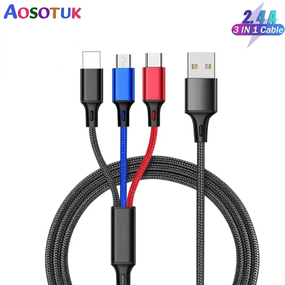 Cavo Usb 2. 4A 3 In1 Per Micro Usb Type-C Caricabatterie Rapido Cavo Dati Micro Usb Type-C Per Iphone 14 13 11 Samsung Xiaomi Huawei 1.2M
