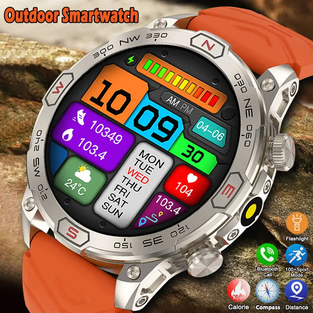 2024 New Outdoor Military Smart Watch Men Compass Bluetooth Call Torcia Outdoor Sport Fitness Tracker Smartwatch Per Xiaomi