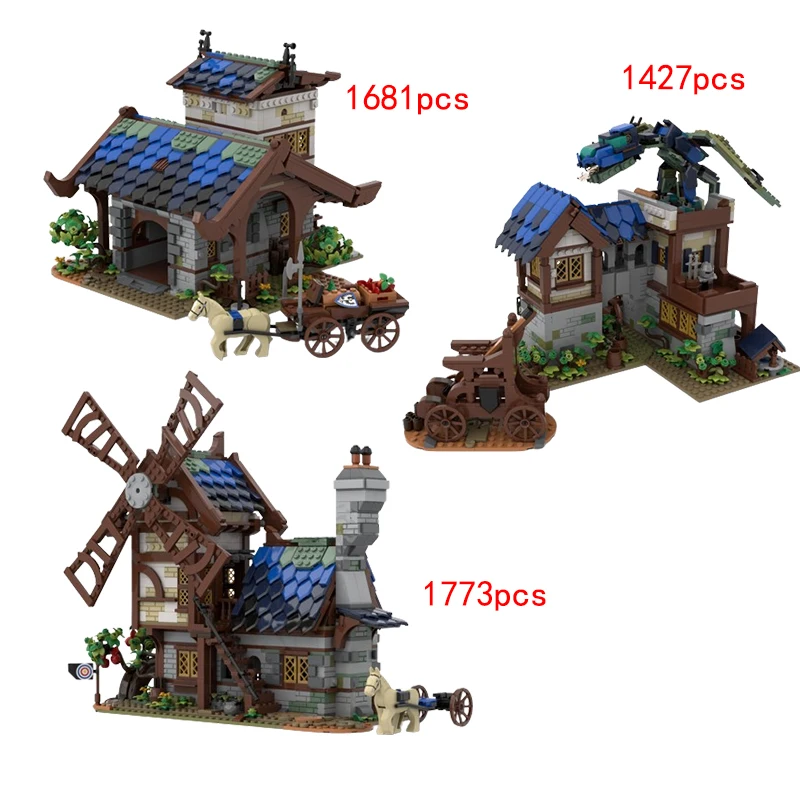Spedizione Veloce Moc-77684-78729-75365 Castello Medievale Fienile Mulino A Vento Drago Attacco Piccola Particella Assemblato Giocattolo Da Costruzion