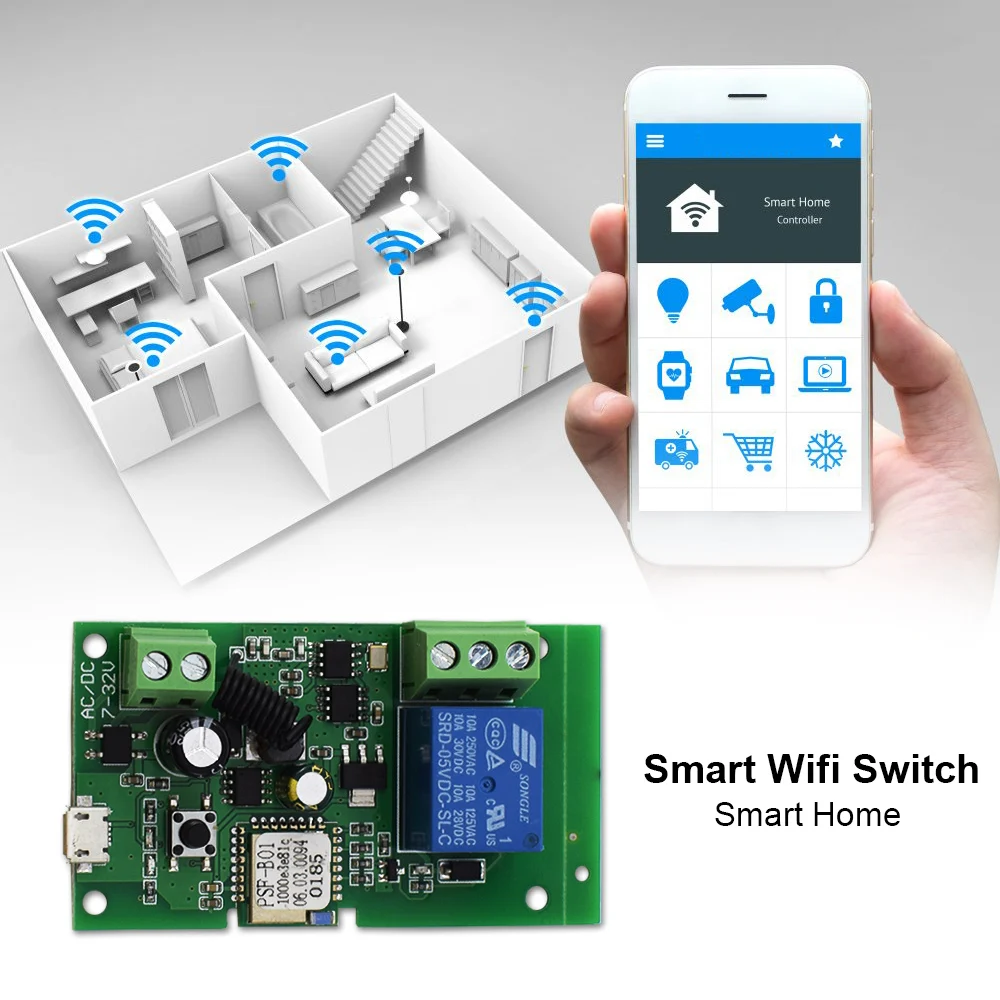 Ewelink Switch 1Ch Modulo Wifi Switch Ac/Dc12V 24V Usb 5V Rf433.92Mhz Ricevitore Smart Speaker Alice Google Alexa