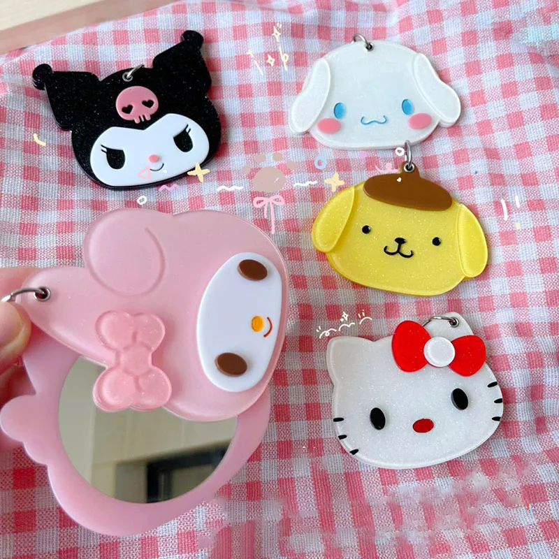 Kawaii Sanrio Anime Mirror Cute Hello Kitty My Melody Kuromi Cartoon Sliding Cover Portatile Piccolo Specchio Rotondo Regali Per Ragazze