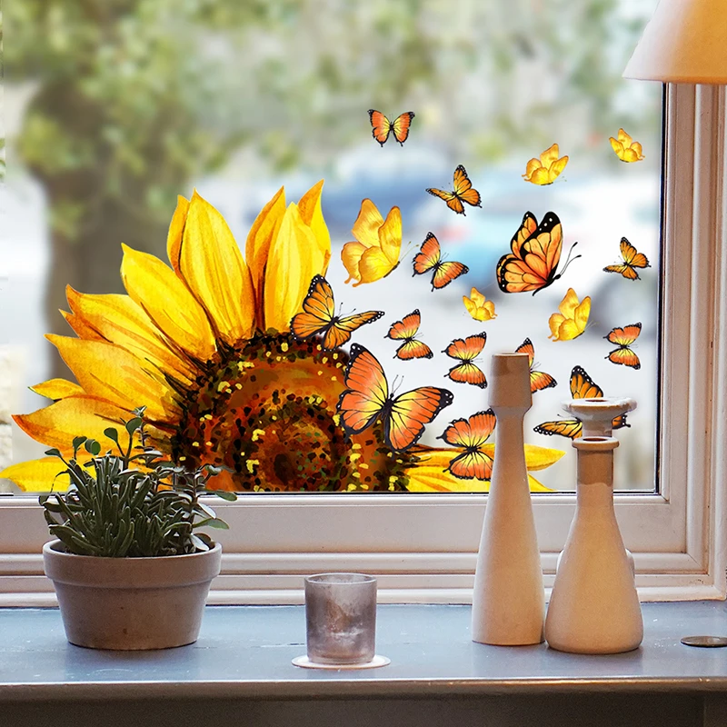 Decalcomanie Per Finestre A Girasole Chiusure Per Finestre A Farfalla Per Finestre In Vetro Adesivi Per Finestre Con Fiori Gialli Per Decorazioni Prim