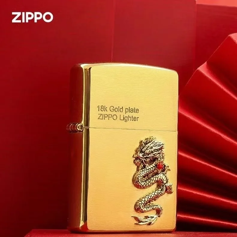 Zippo Lighter Golden Brass Dragon Emblem Collezione Antivento In Scatola