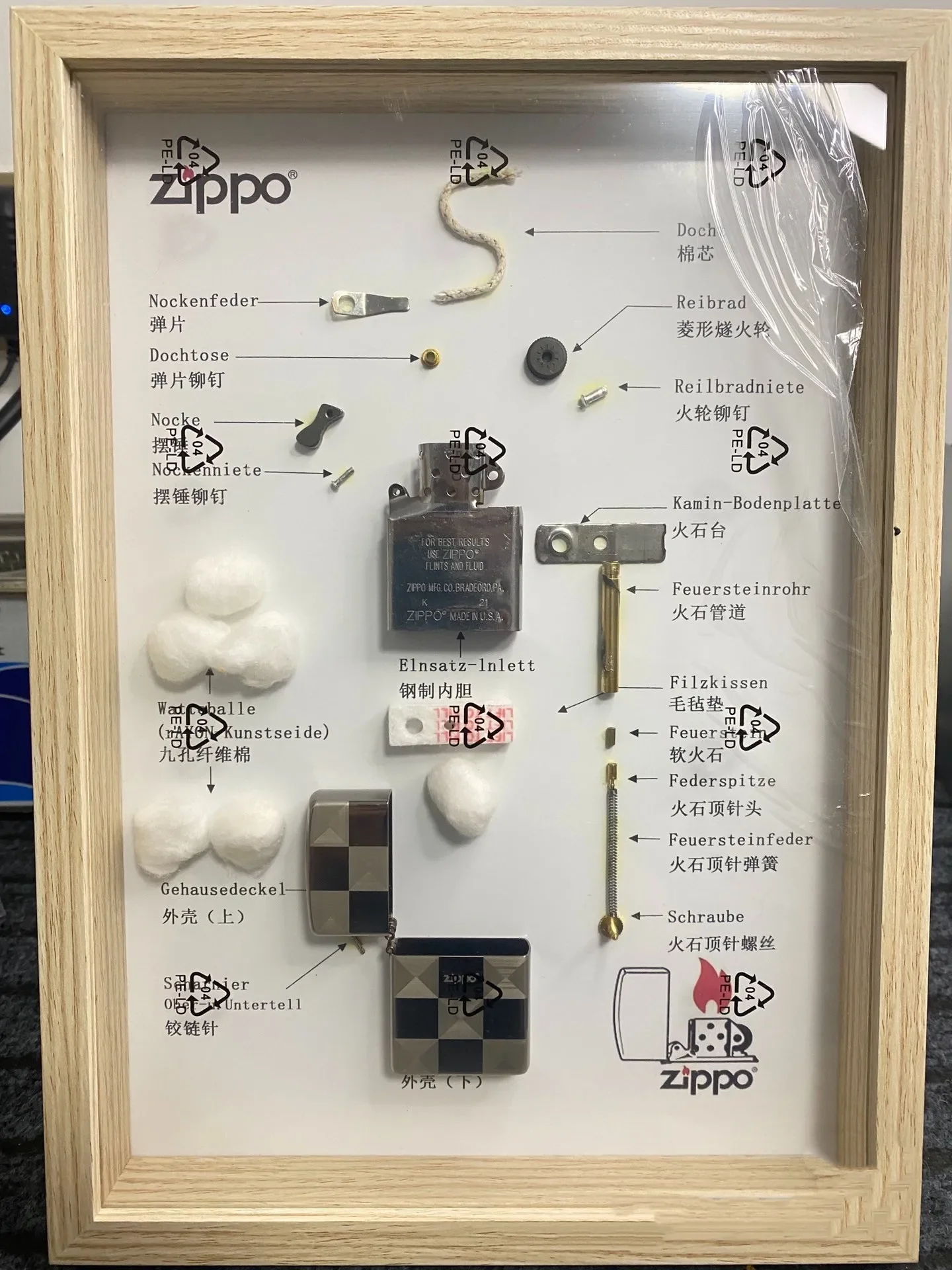 Zippo Lighter Anatomic Chart Collezione Di Componenti Per Accendini Con Telaio In Legno