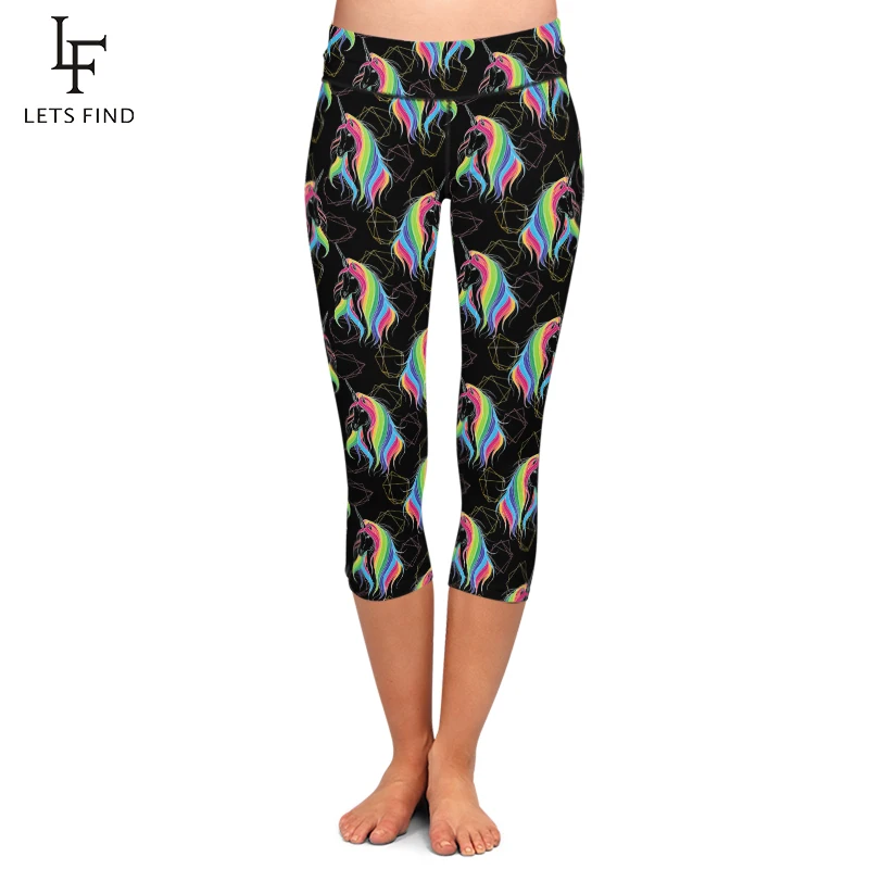 Letsfind Fashion Women Black Capri Leggings 3D Unicorn Print Vita Alta Comodi Leggings Fitness Pantaloni A Metà Polpaccio