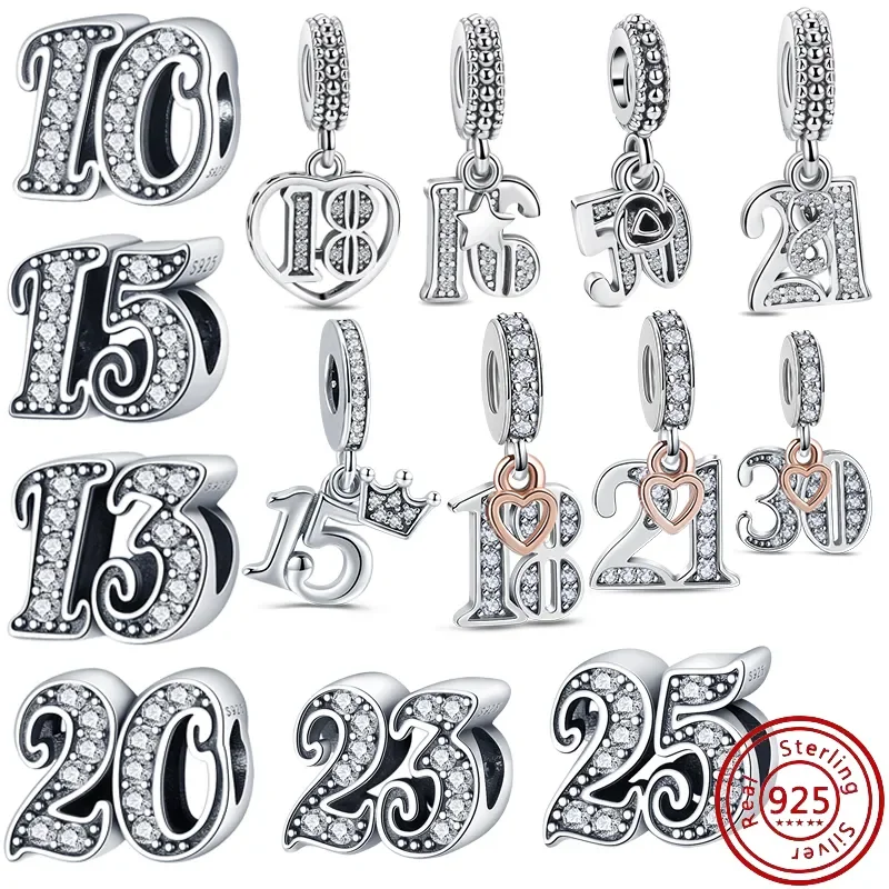 925 Argento Numero Fortunato 15 16 18 20 40St Celebrazione Ciondolo Cuore Perline Lucide Fit Originale Pandora Charms Bracciale Gioielleria Raffinata