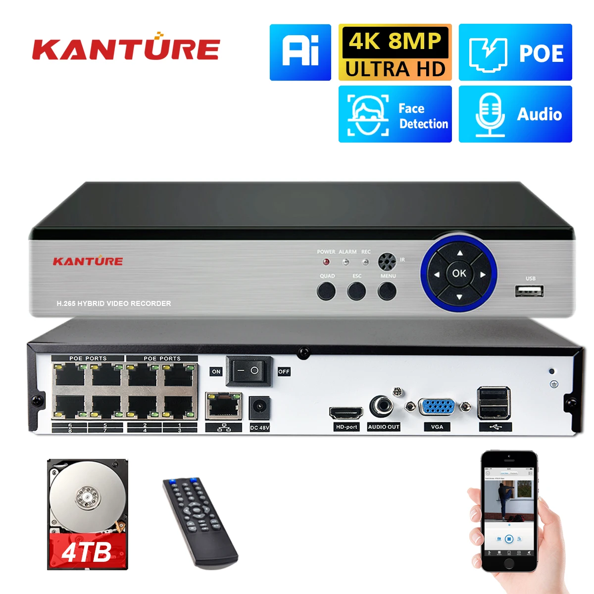 Kanture H.265 + 8Ch 4K Poe Nvr Recorder 4K Ai Sistema Di Videosorveglianza 48V Cctv Poe Nvr Kit Per Telecamera Ip Poe 4K Hdmi