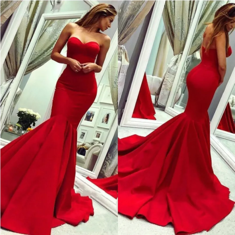 Prom Red Dresses Sweetheart Elegant Mermaid Special Ocn Gowns Sweep Train Backless Increspato Satin Celebrity Evening Wear Customed