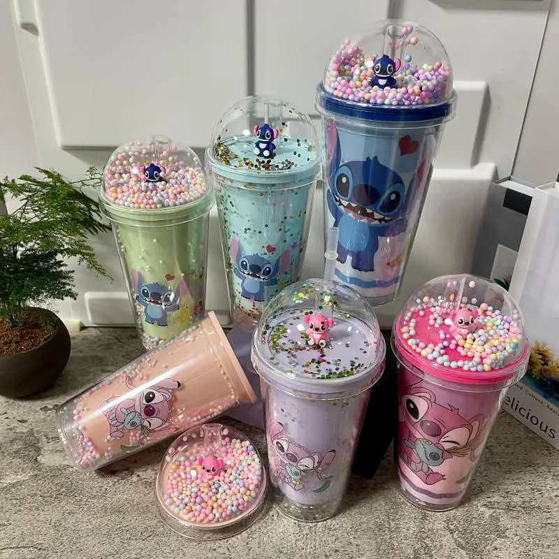 Anime 450Ml Disney Stitch Straw Cup Bambini Portable Sports Bottle Figure Lilo And Stitch Double-Layer Plastic Water Cup Gifts