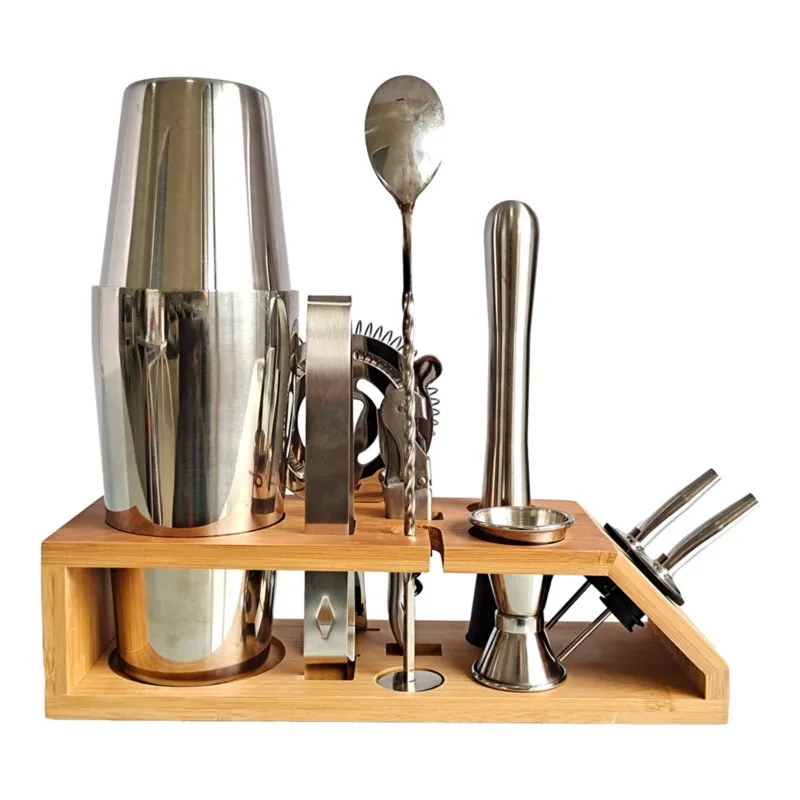 Cocktail Shaker Set Da 10 Pezzi Telaio In Bambù Trapezoidale In Acciaio Inossidabile Boston Shaker Kit Da Barista Per Martini Margarita Mix